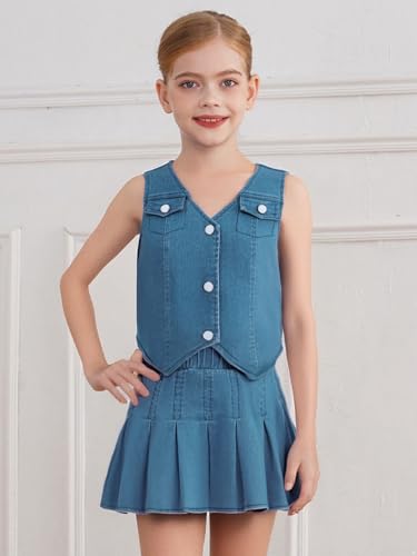 Kids Girls Cute Y2K 2 Piece Outfit Sleeveless Button Down Denim Vest with A Line Mini Pleated Jean Skirt Light Blue 14 Years4