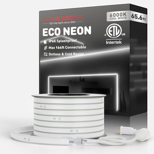 Shine Decor LED Rope Lights AC 120V, Connectable & Cuttable Dotless 120LEDs/M Eco Neon Strip Lighting, ETL IP65 Waterproof & Weather-Resistant for Home Commercial, 8x16mm, 6000K Cool White, 65.6FT by Shine Decor - Used condition - US$94.10