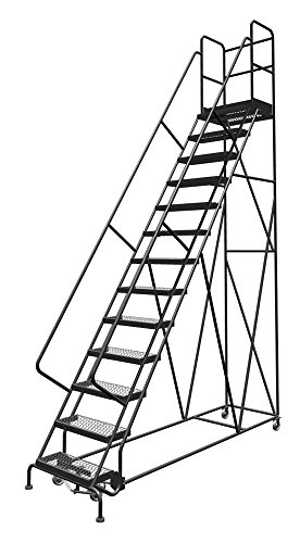 Image of Tri-Arc KDSR113242-D3 13-Step 30 inch Deep Top Steel Rolling Industrial & Warehouse Ladder with Handrails, 24 inch Wide Grip Strut Tread