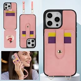 Dteck for iPhone 16 Plus (6.7") Crossbody Wallet Case with Detachable Shoulder Strap and Wrist Strap, 4 Card Slots, Makeup Mirror, PU Leather/TPU Protective Lightweight Phone Cover for Women, Pink