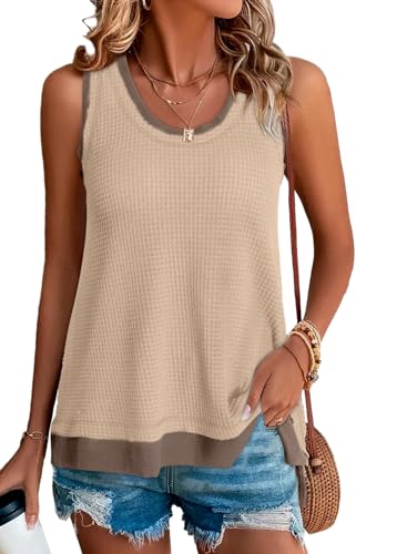 BLENCOT Waffle Knit Tank Top for Women Casual Summer Sleeveless Scoop Neck Basic Loose Tunic Shirts Parchment 2XL