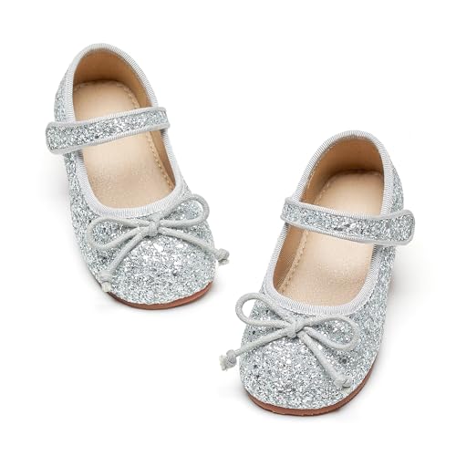 GINFIVE Toddler Girls Dress Shoes Little Girls Mary Janes Ballerina Flats Silve Shoes Toddler 12