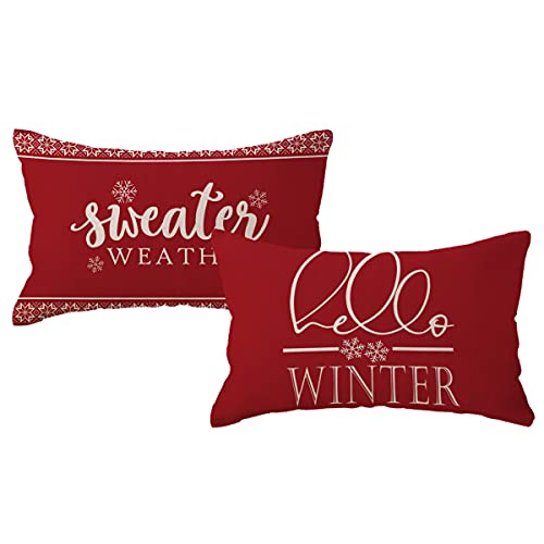 ULOVE LOVE YOURSELF Hello Winter Throw Pillow Cover 12x20 Inches Red Sweater Weather Christmas Decor Pillowcases Winter Holiday Decorative Rectangular/Lumbar Cushion Covers 2Pack for Sofa/Couch/Porch