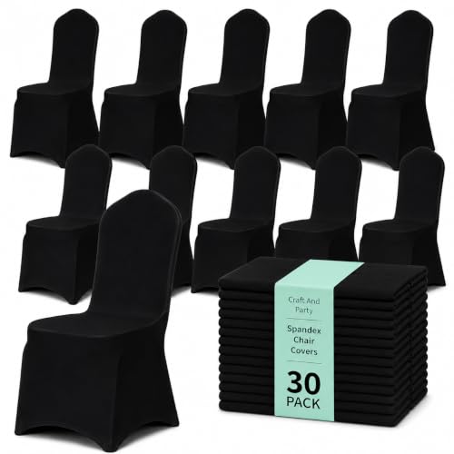 Craft And Party 30 Pack Black Spandex Chair Covers – Stretch Polyester Slipcovers for Wedding, Banquet, Party & Dining Chairs – Flat Front Design, Universal Fit