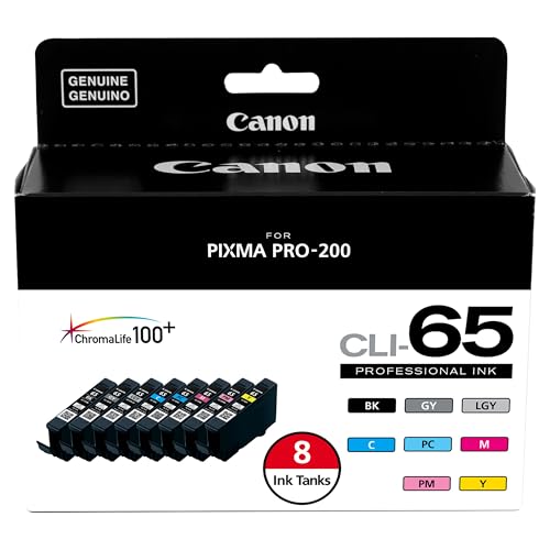 Canon CLI-65 Genuine Eight Color Pack, Compatible with PIXMA PRO-200, and PIXMA PRO-200S Printers