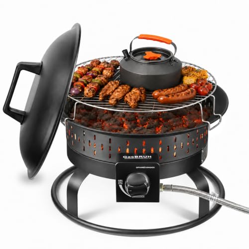 GasBRUH 19″ Outdoor Portable Propane Fire Pit with Grill Grate, Cover&Carry Kit,Fireplace,60,000 BTU Camping Propane Firepit,Portable Gas Fire Pit for Outside Patio,Camping,RV,Smokeless Gas Firebowl