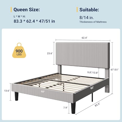Image of Allewie Queen Bed Frame, Corduroy Tufted Headboard, Light Grey | Soft Corduroy Fabric, Adjustable Headboard, 900 lb Capacity, Wooden Slats, No Box Spring Needed, Easy Assembly