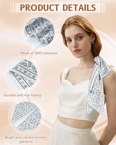 Mesovor Cashew Silk Feeling Head Scarf Hair Neck Scarves for Women, Fashion Purse Bag Scarfs | Long Thin Satin Headscarf Headbands (White (Cashew)) — view 4