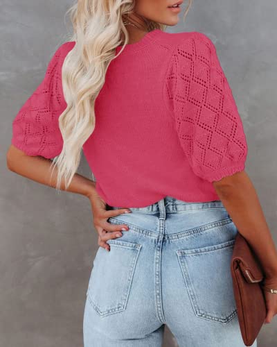 Image of Womens Short Sleeve Sweaters Crewneck Knit Pullover Tops 2025 Summer Casual Lightweight Crochet Blouse Shirt Rose Red