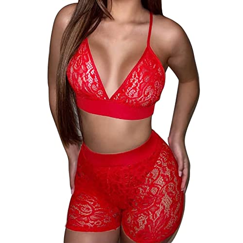 Haut en dentelle transparente col V rouge avec soutien-gorge et culotte