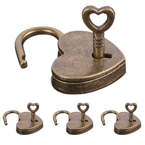 Image of 4 Pcs Lock Antique Brass Padlock with Key, Vintage Heart Shape Anti-Theft Mini Padlock Bag Travel Suitcase Luggage Box Case Key Keyed Padlocks Padlocks Hasps