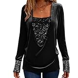 Black Women's Velvet Sequin Tops, Long Sleeve Sparkly Tshirt Square Neck Glitter Shirts & Blouse Plus Size Xmas Party Evening Club Ladies Top UK - Image 1