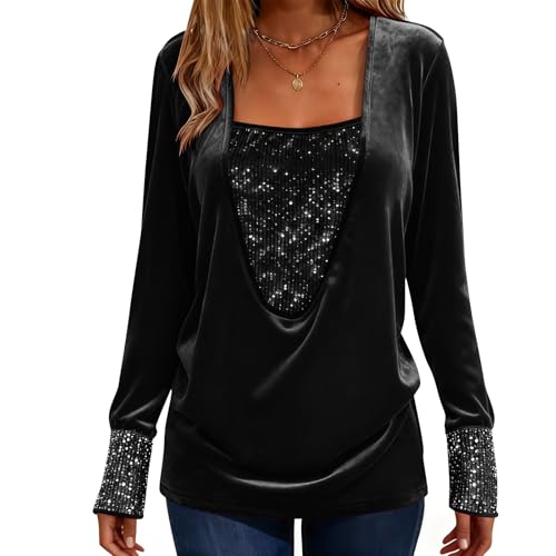 Black Women's Velvet Sequin Tops, Long Sleeve Sparkly Tshirt Square Neck Glitter Shirts & Blouse Plus Size Xmas Party Evening Club Ladies Top UK