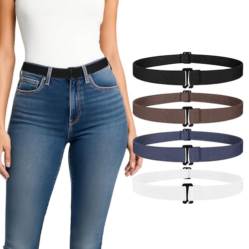 LEACOOLKEY 4 Pcs Women No Buckle Belts Invisible Elastic Stretch Belt Flat Buckle No Show Waist Belt for Jeans Dresses Adjustable Band for Shirts Crop Tuck black+coffee+navy Blue+white