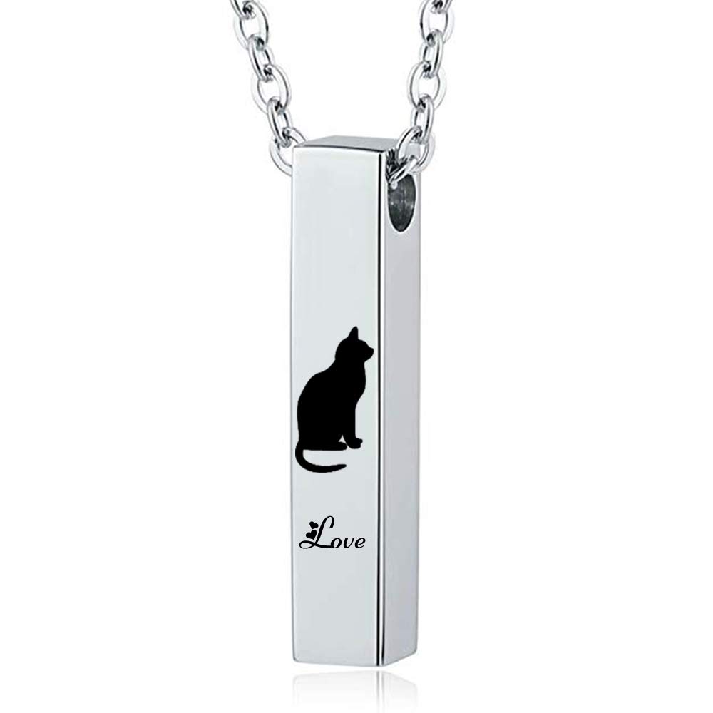 HQ Cremation Pendant Bar Rectangle Black Urn Pendant Necklace Pet Cat-Love Memorial Keepsake Birthstone Crystal Cremation Jewelry (Silver)