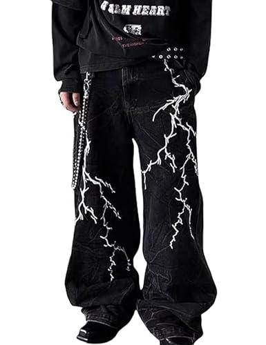 Denim Wide Leg Jeans Men Grunge Pants Straight Leg Oversized Jeans Vintage Hip Hop Lightning Graphic Pants