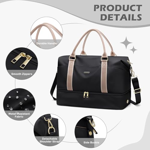 Weekender Bags for Women, Carry On Travel Duffel Bag with Shoe Compartment & Toiletry Bag, 46L Overnight Bag Gym Hospital Bags for Labor and Delivery (Black) by GOLF SUPAGS - Used condition - Image 4