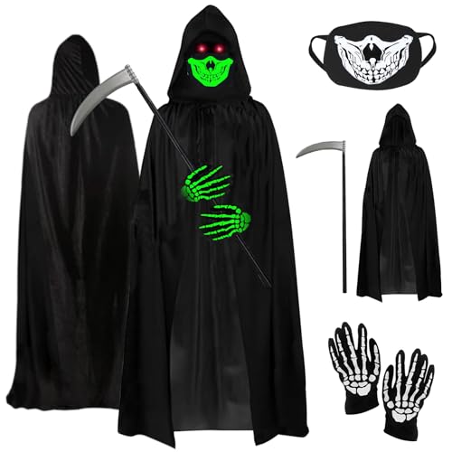 Bseical Costume di Halloween con teschio, maschera a forma di teschio con mantello Sensemann, Halloween, falce e guanti, costume di Halloween, costume unisex per cosplay, Halloween, feste di Halloween Bseical Costume di Halloween con teschio, maschera a forma di teschio con mantello Sensemann, Halloween, falce e guanti, costume di Halloween, costume unisex per cosplay, Halloween, feste di Halloween
