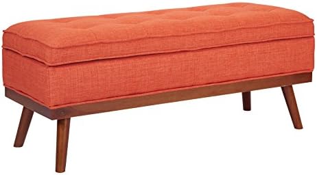 OSP Home Furnishings Katheryn Storage Bench with Tufted Seat and Wood Finish Legs, Tangerine Fabric