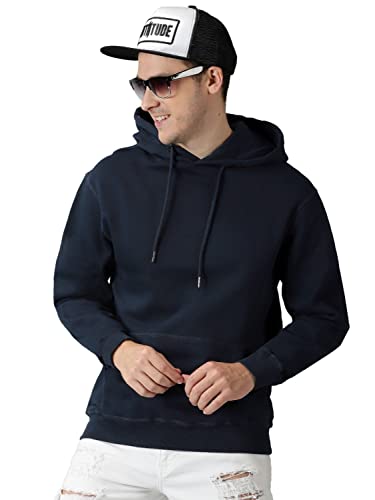 Klizzer Luxury Men's 100% Cotton Pullover Hoodie, Fleece Hooded Sweatshirt With Front Pocket (Navy Blue, L)