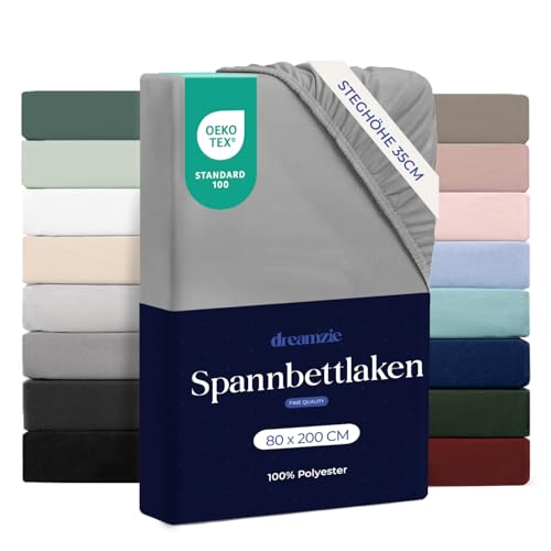 Dreamzie - Spannbettlaken 80x200 | Mikrofaser Weich – Für Dicke Matratzen – Oeko-Tex | Komfort, Atmungsaktivität, Pflegeleicht – Grau