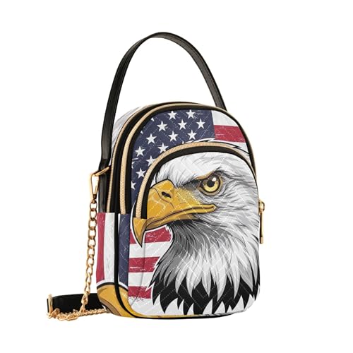 Bald Eagles American Flag Shoulder Handbag Women Phone Handbag Small Chain Purse Floral Print Zipper Bowler Tote Ladies Satchel, 5.9" × 8.3" × 3.1"2