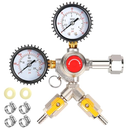 Image of Y-Shaped Co2 Regulator for Kegerator - CGA320 Co2 Pressure Regulator for 2 Beer Kegs, Commercial Dual Gauge Co2 Tank Regulator Kegerator Parts, Kegerator Regulator with 4 Hose Clamps