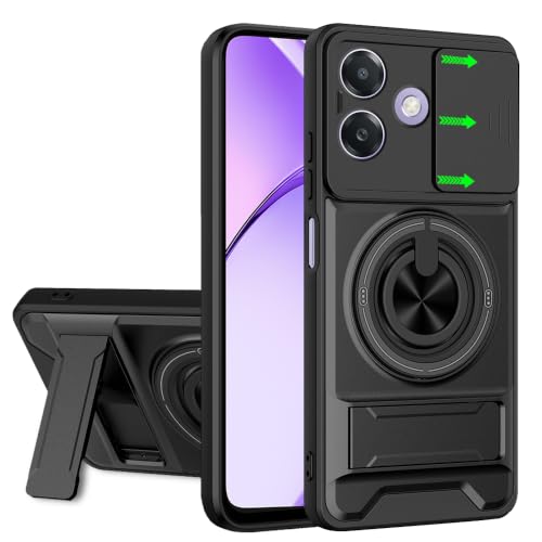 Image of AESTMO Oppo A3X 5G Back Cover | Armor Camera Slider 360 Degree Rotating Finger Ring Holder Case with Bracket Stand Back Case Cover (Compatible with MagSafe Accessories) (Black)