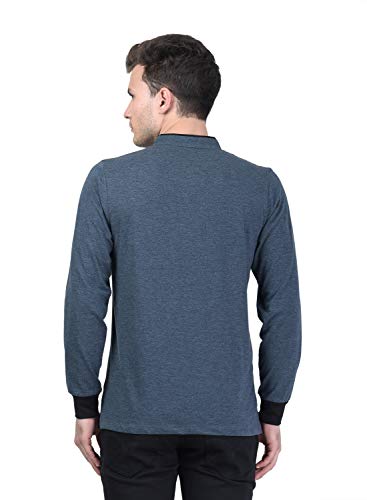 Image of Kalt Men's Full Sleeves Cotton Blend Mandarin Collar T-Shirt(Dark Blue Melange)