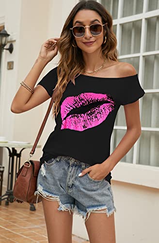 Womens Summer Tops Short Sleeve Off The Shoulder Tshirt Lips Print 80S Shirts Black Xl #TOP2