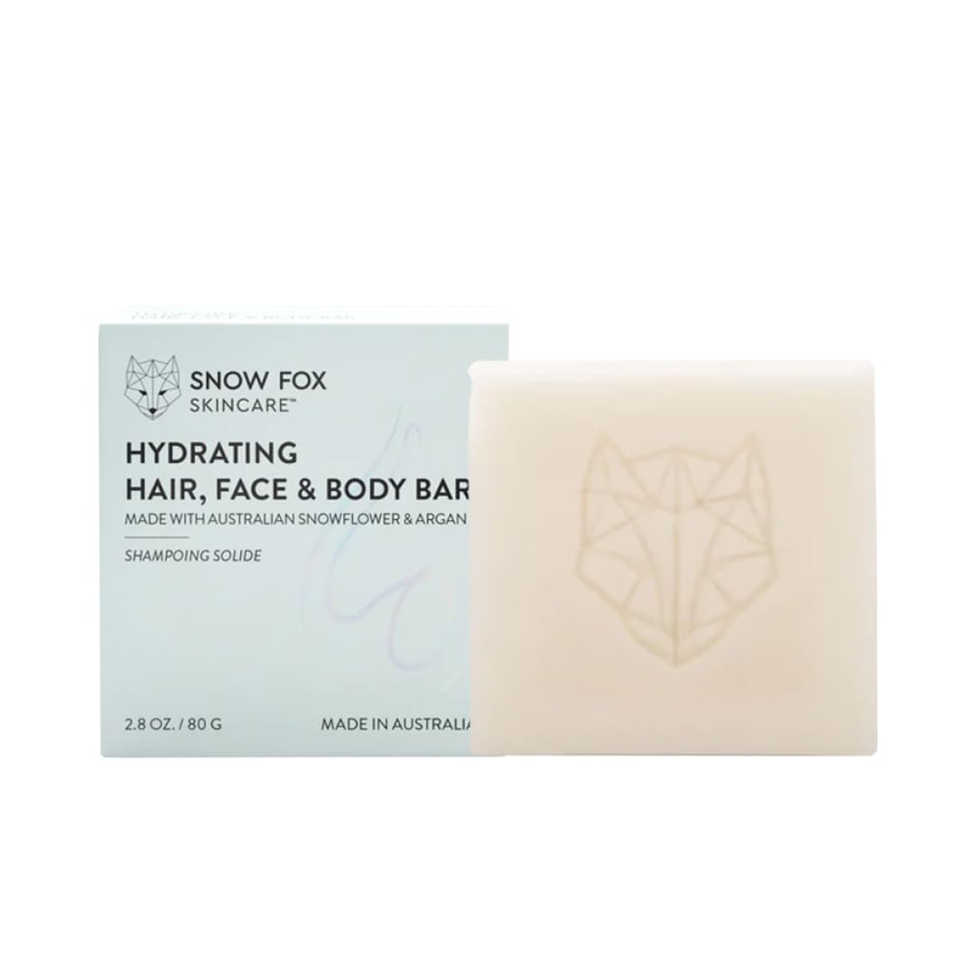 Snow Fox Skincare Hydrating Hair, Face & Body Bar | Shampoo & Conditioner Bar | Restores Moisture, Shine, Softness | Shea Butter & Argan Oil | Australian Botanicals | Portable & Sustainable, 2.8 oz.