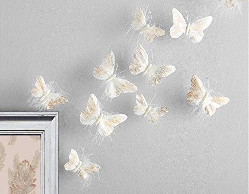Inspired by Jewel Butterfly Wall Decorations - Wall Stickers for Girls Gold & White Feather Butterflies 3D Wall Sticker - Nursery Wall Decor & Teen Bedroom Wall Decorations - Wall Decal - 10Pcs