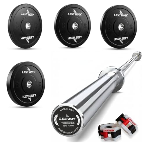 Image of Leeway Olympic Barbell with Bumper Weight Plates | 100 Kg Rubber Weight Plate Set and 7.2 Ft Chrome Gym Bar | Olympic Weightlifting Gym Plates for Home and Commercial (100kg Set (5X2+10X2+15X2+20X2))