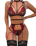 Avidlove Damen Dessous Sets Sexy 3-Teilig Unterwäsche Frauen Set Spitz RotS