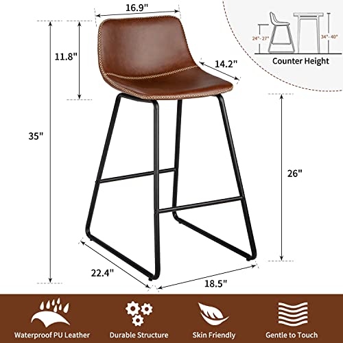 Heugah Bar Stools Set Of 2,Faux Leather Counter Height Bar Stools,Dining Room Chairs With Metal Legs & Soft Backrest Easy To Assemble (Brown) #TOP1