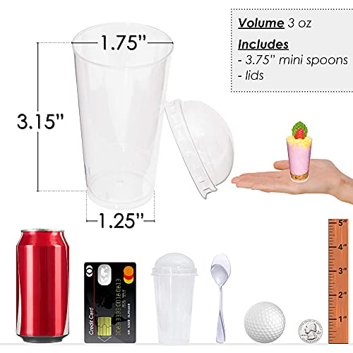 DLux 100 x 3oz Mini Dessert Cups with Lids & Spoons, Shooter - Clear Plastic Parfait Appetizer Cup - Small Reusable Cups for Tasting Party Desserts Appetizers - With Recipe Ebook