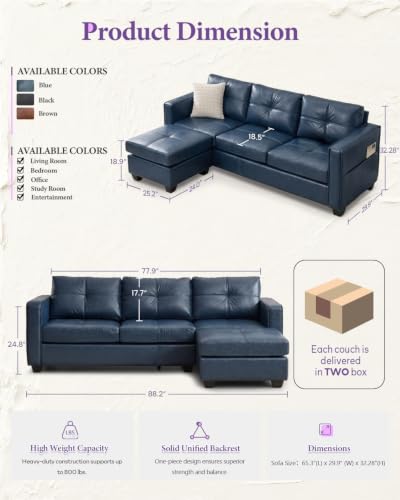 Image of 88 inch Blue Faux Leather Sofa, L-Shaped Sectional Couch with USB, Living Room | TYBOATLE, Blue Faux Leather Sectional Sofa, L Shaped Couch, Modular Convertible Design, Chaise, Side Pockets, Office, Bedroom