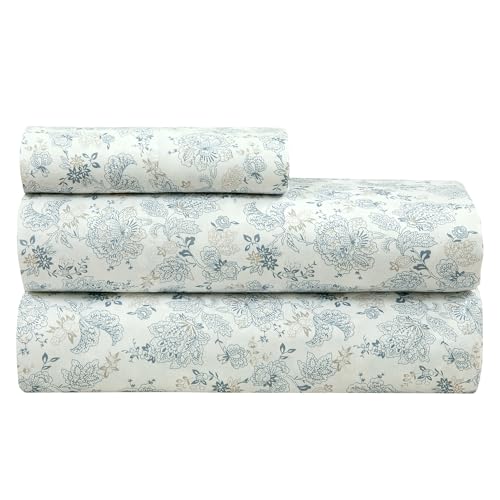 ROYALE LINENS 300 Thread Count 100% Long Staple Combed Cotton Sheet Set - 4 Piece Queen Bed Sheets - 1 Fitted, 1 Flat & 2 Pillow Cases - Soft Cool & Crisp Sheet Set (Queen, Tossed Floral,Dusty Blue)