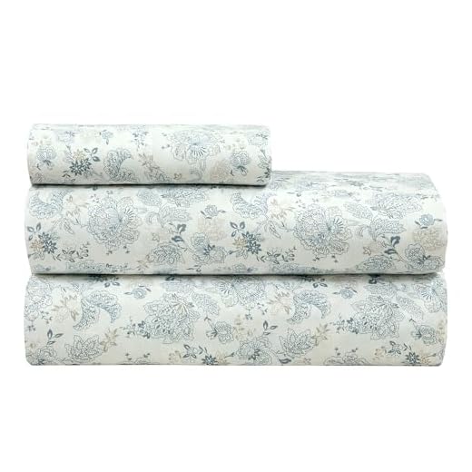 ROYALE LINENS 300 Thread Count 100% Long Staple Combed Cotton Sheet Set - 4 Piece King Bed Sheets - 1 Fitted, 1 Flat & 2 Pillow Cases - Soft Cool & Crisp Sheet Set (King, Tossed Floral,Dusty Blue)