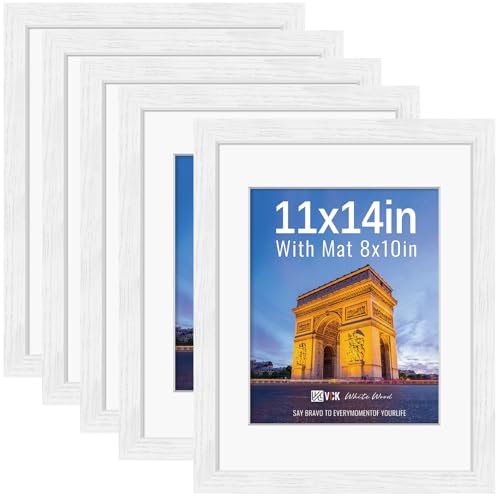 Image of VCK 11x14 Picture Frame 5 Pack, White Exclusive Wood, HD Glass, for Photo