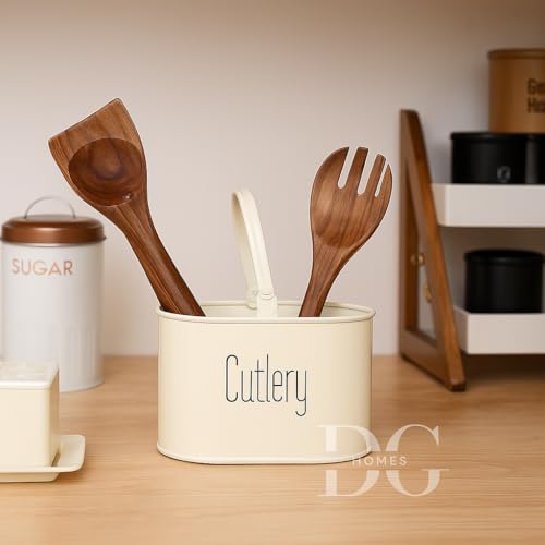 Image of D&G Homes Metal Cutlery Holder | Stainless Steel Spoon & Fork Stand | Multi-Compartment Organizer | Rust-Resistant | Compact & Stylish | Kitchen & Dining Table Use | Easy to Clean | 17x12x10cm | Ivory