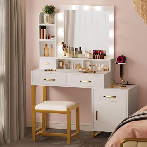 Image of DWVO Vanity Desk with Mirror and Lights | Makeup Vanity with 3‑Mode Lighting and Power Outlet, Vanity Desk with Multiple Storage Drawers, Shelves, Cabinet and Stool