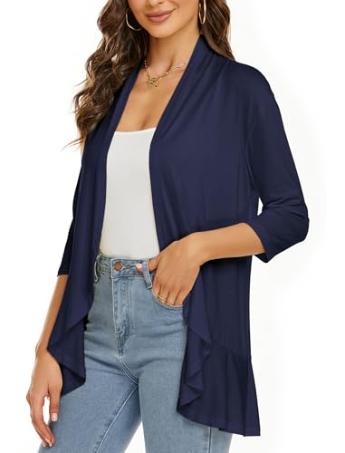 Image of YnimioAOX Women's Cardigan Lightweight Open Front 3 /4 Sleeves Draped Ruffles Knit Cardigan Sweaters