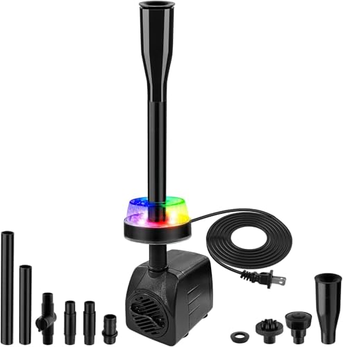 CREPOW 15W 800L/H Submersible Pond Fountain Pump with LED Lights, Ultra Quiet Water Pump, Pond Fountain Pumps for Small Pond, Koi, Garden, Fish Tanks, Aquariums, Indoor Outdoor Fountain 3 Type Nozzles