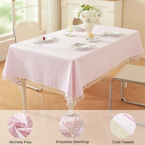 meioro Gestreifte Tischdecke Rechteckige Tischtuch mit Quasten, Abwaschbare Tischdecken Dekorative Tischwäsche für Küche, Esszimmer und Tabletop (Rosa/Weiße Streifen,100x140cm)