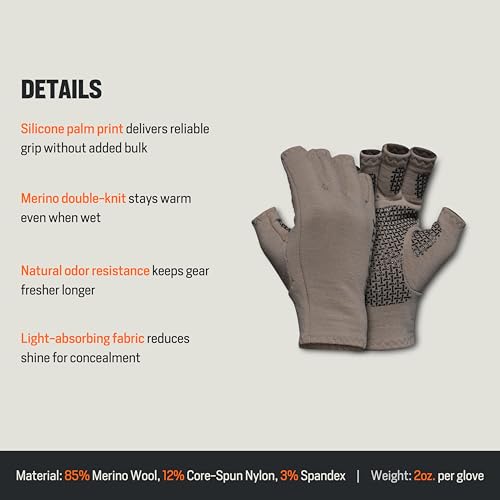 First Lite Rugged Wool Half Finger Glove - Merino Wool Hunting Gloves with Silicone Grip Palm for Shooting Dexterity, Walnut, X-Large