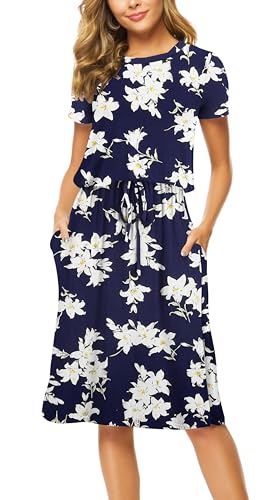 Image of Women Summer Sleeve Modest Work Casual Midi Knee Dress Floral Lily Navy L