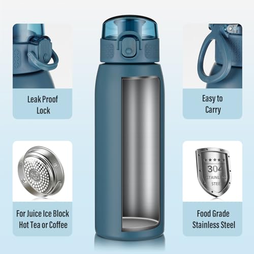 Image of Insulated Water Bottle 18 oz with Dustproof Lid, Carry Handle & Tea Infuser, BPA-Free & Leakproof, Stainless Steel Water Bottles Ideal for Fitness, Hiking, Office & Outdoor Use (Navy Blue )
