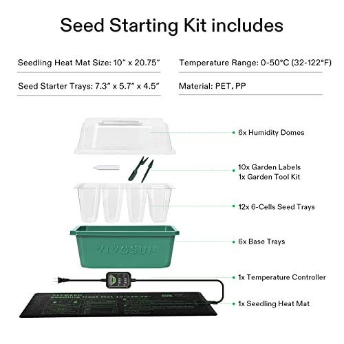 VIVOSUN-6-Pack-Seed-Starter-Trays-with-10x2075-Seedling-Heat-Mat-Self-Adjusting-Dual-Digital-Display-Temperature-Controller-72-Cell-Seed-Starter-Kit-with-Humidity-Dome-Reusable-Propagation-Trays