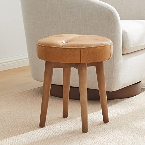 Chita Leather Vanity Stool For Makeup Room, Mid Century Modern Vanity Chairs For Bedroom, Upholstered Round Rest Makeup Chair For Vanity, Circle Backless Ottoman Seat,Small Ottoman Footrest, Cognac #TOP3